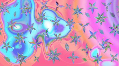 Çokrenkli ve mavi zarif küçük çiçekler ve pembe ve mavi renkli komik böcekler, raster desen, illüstrasyon.