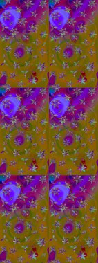 Raster illüstrasyonundaki çiçek desenli çizim. Kahverengi ve mor renkte çiçekler.