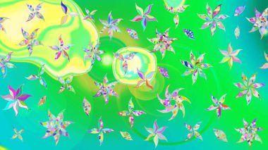 Raster düz çiçek çizim deseni. Hediye ambalaj kağıdı, tebrik kartları, posterler ve pankart tasarımı. Yeşil ve mavi renkte çiçekler.