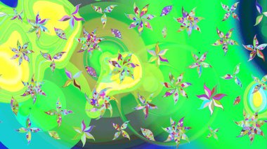 Sevimli çiçek raster deseni. Yeşil ve mavi renkte çiçekler. Renkli Bahar Teması eskiz kalıbı. Düz Çiçek Elementleri Tasarımı.