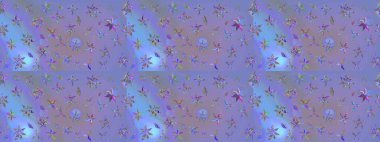 Çizim çiçek deseni duvar kâğıdı olarak kullanılabilir. Mor ve mavi renkte çiçekler. Raster illüstrasyonu.