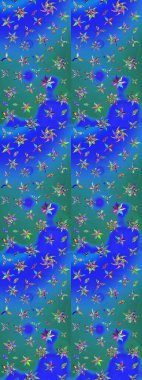 Mavi ve yeşil renkli çiçekler. Çiçekli karalama şeklinde Raster çiçek deseni. Nazik, narin çiçek arkaplanı.