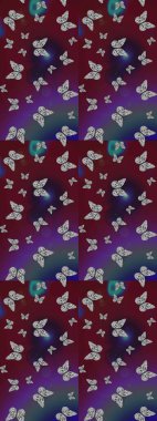 Kelebeklerle dolu renkli bir halk eskizi çizimi. Davetiye, kart ve parmak izi için basit şirin bir model. Kahverengi ve mor arka planda renkli bir kelebek.