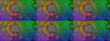 Patlayan çiçekler soyut olarak yerleştirilmiş. Raster deseni. Yumuşak, bahar çiçekleri yeşil ve mavi renklerde. Raster illüstrasyonu.