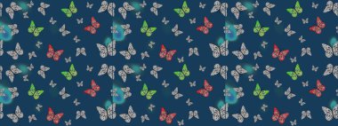 Kelebekli Raster. Mavi ve gri renkli bir resim. Kıyafetler, erkekler, kızlar ve duvar kağıtları için soyut çizim kalıbı. Raster..