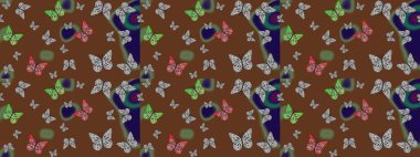Kahverengi ve gri arka planda kelebek desenli çizim. Kumaş, Tekstil, Baskı ve Davetiye için arka plan. Raster illüstrasyonu.
