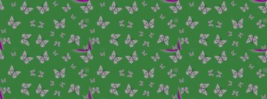 Renkli romantik kelebekler eskizler çiziyor. Dekoratif Raster çizimi. Elle çizilmiş kelebeklerle. Yeşil ve gri renkler üzerine soyut arkaplan.