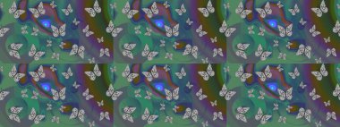 Egzotik hayvanlar. Yeşil ve gri kelebekler. Kumaş, kağıt, ambalaj kâğıdı ve duvar kağıdı tasarımı için harika bir arka plan. Robot resim. Raster illüstrasyonu.