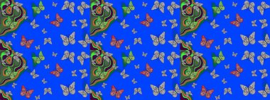 Doğa kelebeğinin yüksek kalitesi. Su rengi filtreleme efektiyle mavi ve gri üzerine resimler. Raster illüstrasyonu. Klasik tarzda..