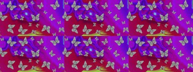 Bahar ve yaz tropikal kelebek eskiz deseni mor ve mor renklerde. Kelebek gölgeleri ve siluetler. Kumaş, kağıt ve ambalaj için uygun. Raster illüstrasyonu.