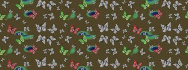 Yumuşak yeşil ve gri arkaplanda izole edilmiş şirin yaban sinekleri. Sanat retro seramik seramik tasarım tarzında serbest ve doğrusal el çizimi logo. Yeşil ve gri renkleri kapat.