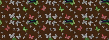 Kelebekli çizim şekli. Kumaş, kağıt, ambalaj kâğıdı ve duvar kağıdı tasarımı için hoş bir arka plan. Mor ve gri.