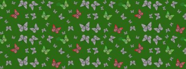 Yeşil ve gri arka planda renkli kelebeğin çizim şekli. Yeşil ve gri renkli resim. Karala, karala, karala. Raster..