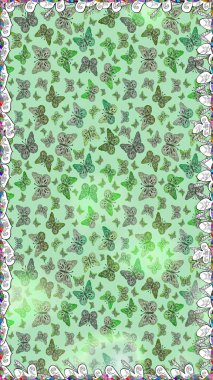 Raster illüstrasyonu. Kusursuz desen. Yeşil ve nötr renklerdeki güzel renkli kelebekler. Kumaş, tekstil, baskı ve davet için arkaplan.