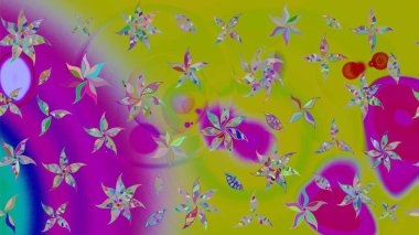 Çiçekli karalama şeklinde Raster çiçek deseni. Nazik, sevimli çiçek arkaplanı. Yeşil ve mor renkte çiçekler.