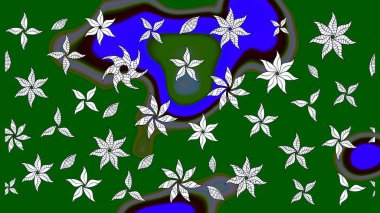 Yeşil ve mavi arka planda. Elle çizilmiş çiçek desenli Raster çizimi. Çocuksu tasarım. Tekstil, kumaş, ambalaj, hatıra defteri için güzel çiçek arkaplanı..