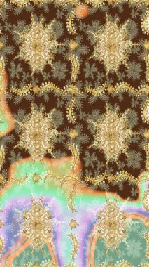 Altın şablonu çiz. Çiçek desenli altın metal. Raster altın çiçek süsü brokar kumaş ve cam desenli. Altın elementli kahverengi renkler.