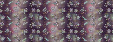 Raster suluboya çiçek deseni, narin çiçekler, gri, kahverengi ve mor çiçekler, tebrik kartı şablonu. Güzel kumaş deseni.