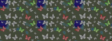 Şirin kelebek yeşil ve gri raster desenli. Giysi tasarımı için dekorasyon. Çizim.