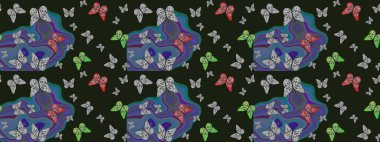 Raster çiçek desenli kelebek deseni. Kağıt, kumaş ve ambalaj için uygun. Gri ve mavi renkli illüstrasyon.