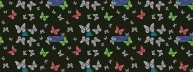 El çizimi kelebekli moda raster yaz deseni. Kağıt, kumaş, ambalaj kağıdı ve duvar kâğıdı tasarımı için hoş bir arkaplan. Çizim kalıbı. Raster illüstrasyonu.
