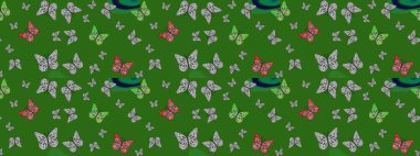 Egzotik Kelebekli Tropik çizim modeli. Moda Kumaşı Tasarımı. Yeşil ve gri renkli bir resim. Raster..