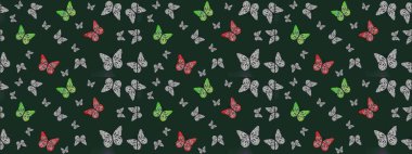 Boyama kitabı için uçan farklı güzel kelebekler. Böcekli eskiz kalıbı. Kıyafetler, erkekler, kızlar ve duvar kağıtları için soyut çizim kalıbı. Raster illüstrasyonu.