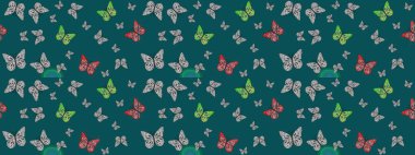 Renkli Kelebeklerle Bahar Arkaplanı. Kart, Davetiye ve Yazdırma için Şirin Kadınsı Desen. Güzel Kelebek Siluetleriyle Moda Dekorasyonu. Raster Arkaplanı mavi ve gri renklerde.