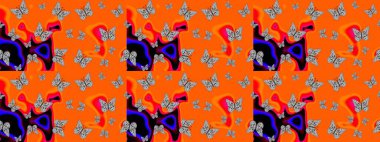 Kelebeklerle dolu yaz arkaplanı turuncu ve gri renkler. Basit Kadınsı Kart, Davetiye, Yazdırma Kalıbı. Güzel Kelebek Siluetleriyle Moda Dekorasyonu. Güveli Raster Arkaplanı.