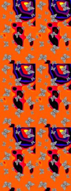 Raster. Turuncu renklerdeki çiçek desenli eskiz. Duvar kağıtları, web sayfası geçmişi, yüzey dokuları, tekstil için mükemmel. Resimler tropikal kelebeklerle birlikte.