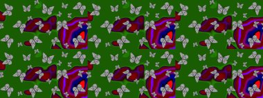 Kelebekli çizim şekli. Kumaş, kağıt, ambalaj kâğıdı ve duvar kağıdı tasarımı için hoş bir arka plan. Yeşil ve gri.