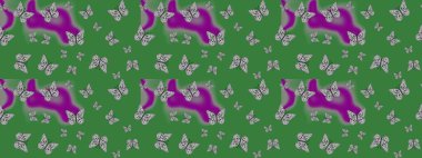 Yeşil ve gri arka planda kelebek desenli çizim. Kumaş, Tekstil, Baskı ve Davetiye için arka plan. Raster illüstrasyonu.