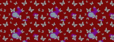 Kelebekler kırmızı ve gri renkte çizim yapar. Şirin Raster çizimi. Web sayfası arkaplanları, duvar kağıtları, tekstil, yüzey dokuları için mükemmel.