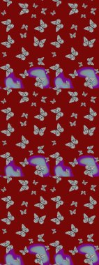 Renkli sevimli kelebek. Eskiz kalıbı arka planı. Kırmızı ve gri renkli resimler. Yüzey dokuları, duvar kağıtları, web sayfası geçmişi, tekstil için mükemmel. Raster illüstrasyonu.