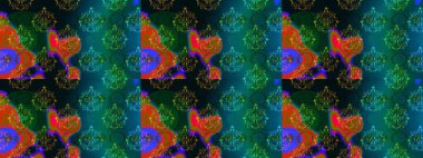 Raster illüstrasyonunda kusursuz çiçek deseni. Mavi, yeşil ve siyah renkte çiçekler.