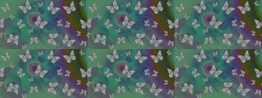 Kelebek yineleme dokusunun güzel çizimi karşıtlık katmanında izole edilmiş. Doğa kelebeği temayı yeşil ve gri renklerle tekrarlıyor. Korunmak için vahşi yaşam böcekleri için arka plan. Raster illüstrasyonu.