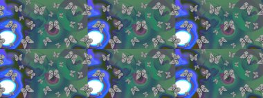 Yeşil ve mavi renkte güzel renkli kelebekler. Kumaş, tekstil, baskı ve davetiye için arka plan. Çizim kalıbı. Raster illüstrasyonu.