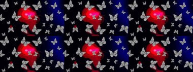 Kelebekli renkli folklor deseni. Paketleme, kağıt ve kumaş için uygun. Siyah ve gri arka planda renkli kelebekler.