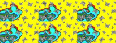 El çizimi, suluboya desenli kelebeklerin çizimi. Sarı ve gri renkli bir resim. Raster illüstrasyonu. Klasik tarzda..