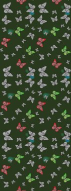 Renkli kelebeklerin eskiz geçmişi. Ambalajlar, duvar kağıtları, kumaş tasarımı ve kağıt için güzel bir arka plan. Yeşil ve gri üzerinde sevimli kelebekler. Raster illüstrasyonu.