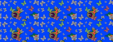 Mavi ve gri renkte soyut sevimli kelebek. Eskiz kalıbı arka planı. Raster illüstrasyonu. Basit bir şekilde.