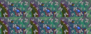 Egzotik hayvanlar. Yeşil ve gri kelebekler. Kumaş, kağıt, ambalaj kâğıdı ve duvar kağıdı tasarımı için harika bir arka plan. Robot resim. Raster illüstrasyonu.