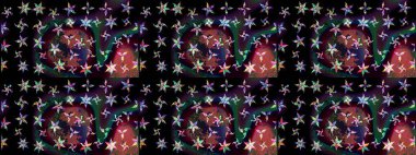 Halk tarzı. Modern çiçek arkaplanı. Moda baskıları için zarif bir şablon. Parlak renkli çiçekleri ve siyah ve kahverengi renkte yaprakları olan harika bir çiçek deseni..