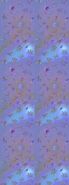 Çizim çiçek deseni duvar kâğıdı olarak kullanılabilir. Mor ve mavi renkte çiçekler. Raster illüstrasyonu.