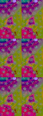 Çiçek desenli çizim. Raster illüstrasyonu. Asya tekstil tarzında. Yeşil ve mor renkli çiçekler. Raster illüstrasyonu.