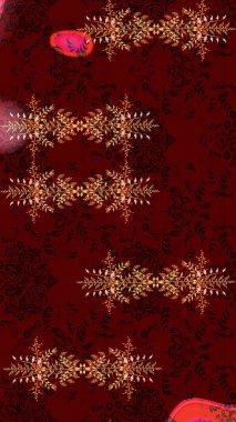 Şatafatlı bahar bahçesi dokusu. Raster illüstrasyonu. Kırmızı, kahverengi ve siyah renkler üzerine çiçek çizimi. Çiçek deseni. Kırmızı, kahverengi ve siyah renkte çiçekler.