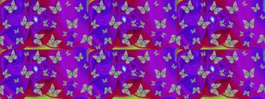 Kelebeklerle dolu renkli bir halk eskizi çizimi. Davetiye, kart ve parmak izi için basit şirin bir model. Menekşe ve mor arka planda renkli kelebek.