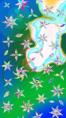 Yaprak ve çiçeklerin suluboya resimleri, yeşil ve mavi renkler üzerine çizimler. Yumuşak, bahar çiçekleri yeşil ve mavi renklerde. Raster illüstrasyonu.