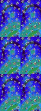 Raster deseni. Yumuşak, bahar çiçekleri mavi ve yeşil renklerde. Raster illüstrasyonu. Patlayan çiçekler soyut yerleştirilmiş.