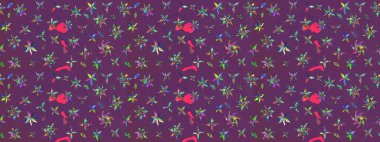 Mor ve yeşil renkte etnik çiçeklerle süslenmiş zarif bir eskiz şekli. Asya Tekstil 'inde Raster Çiçek İllüstrasyonu.